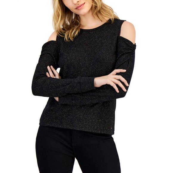 NWT Tommy Hilfiger Metallic Waffled Cold-Shoulder Shirt J2IH6834 L Black / Gold - Picture 1 of 5